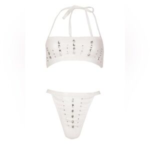 Boohoo Premium White Jewelled High Leg Bandeau Bikini Set
